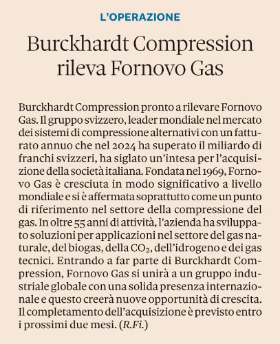 Burckhardt Compression rileva Fornovo Gas 1 Fornovogas News il sole 24 ore Burckhardt Compression rileva Fornovo Gas
